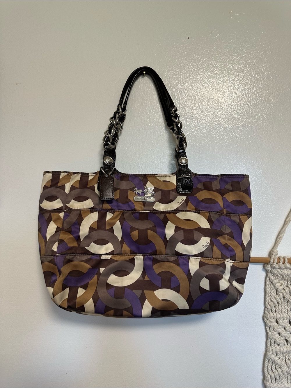 Coach Brown, Purple & Cream Signature Link-Print Chain Tote